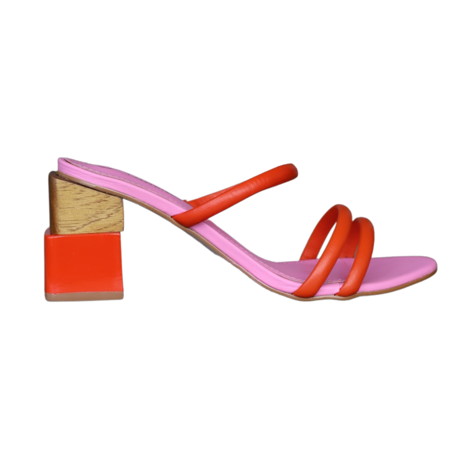 Olivia Modern mid-heel sandal in pink and orange with a geometric heel - Juliana Heels