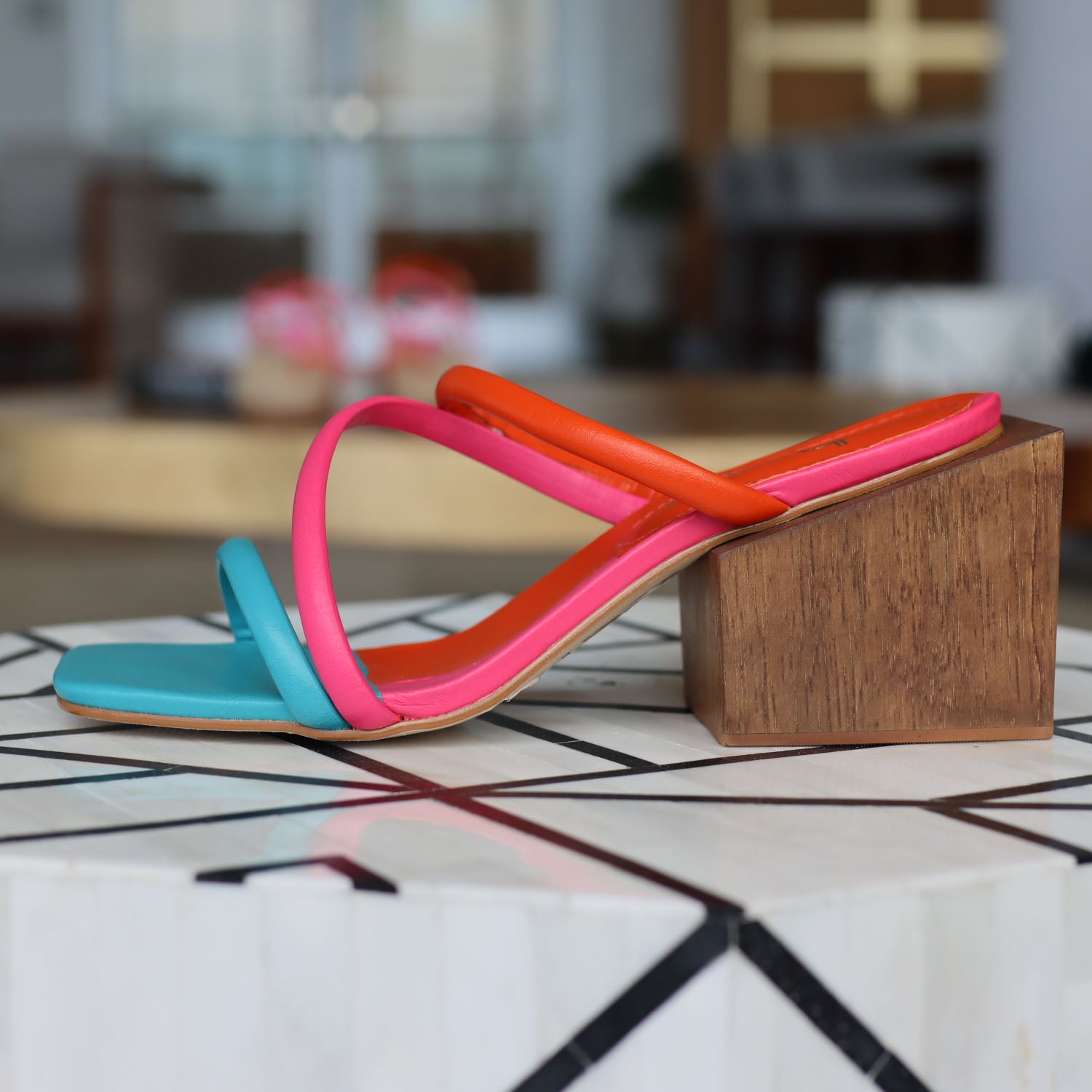 Joy Colorful mid-heel sandal blue, pink and orange - Juliana Heels