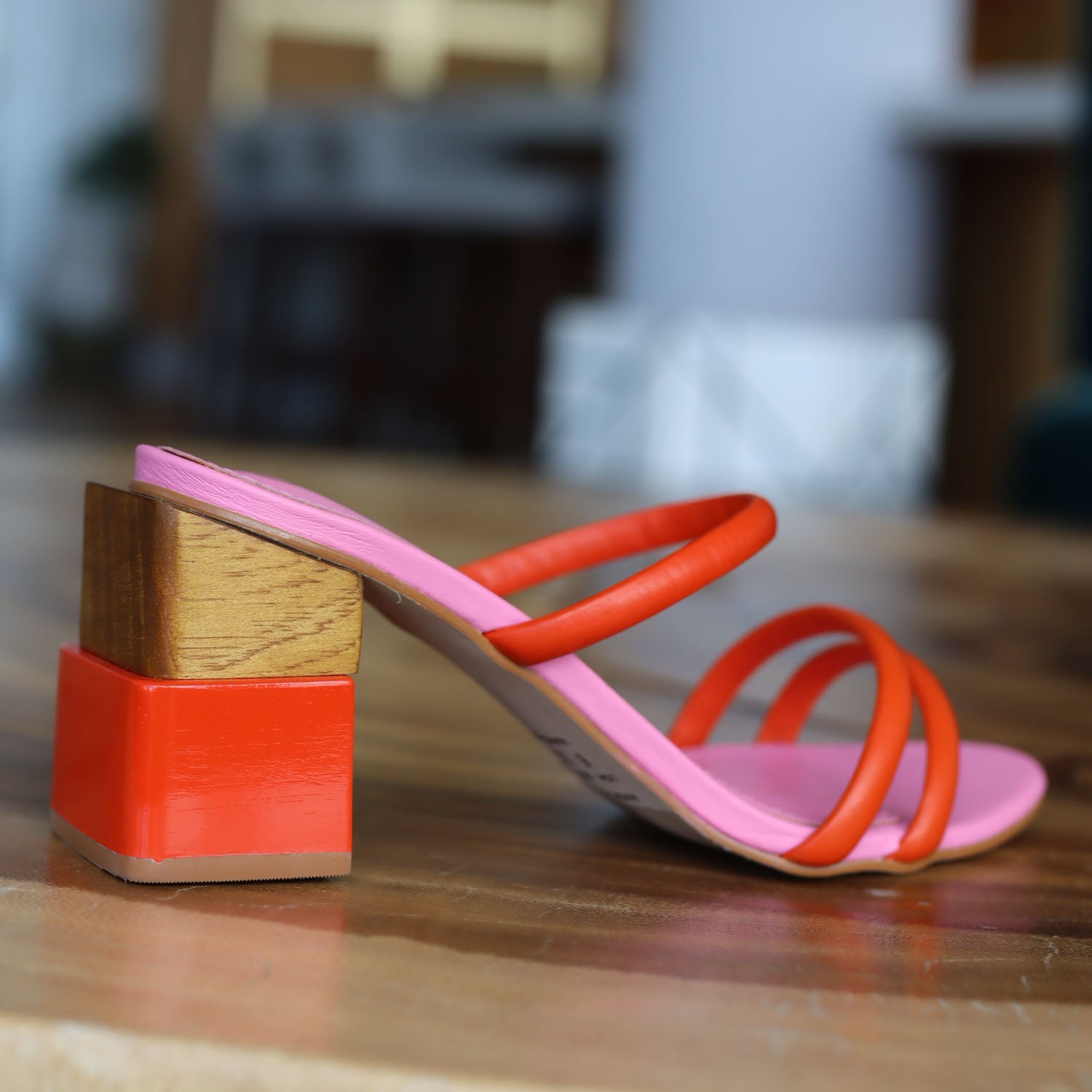 Olivia Modern mid-heel sandal in pink and orange with a geometric heel - Juliana Heels