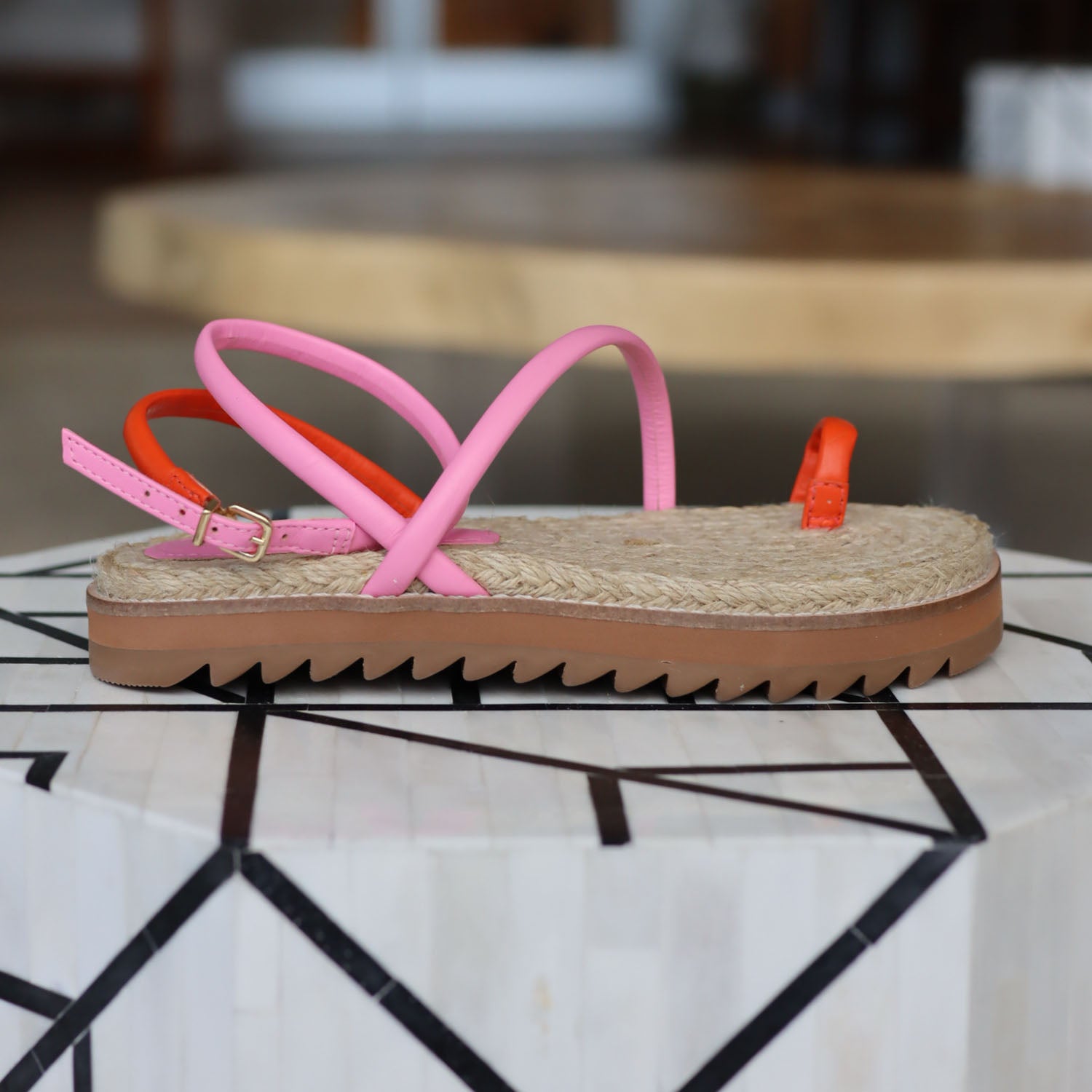 Penelope Straw sandal with pink and red straps - Juliana Heels