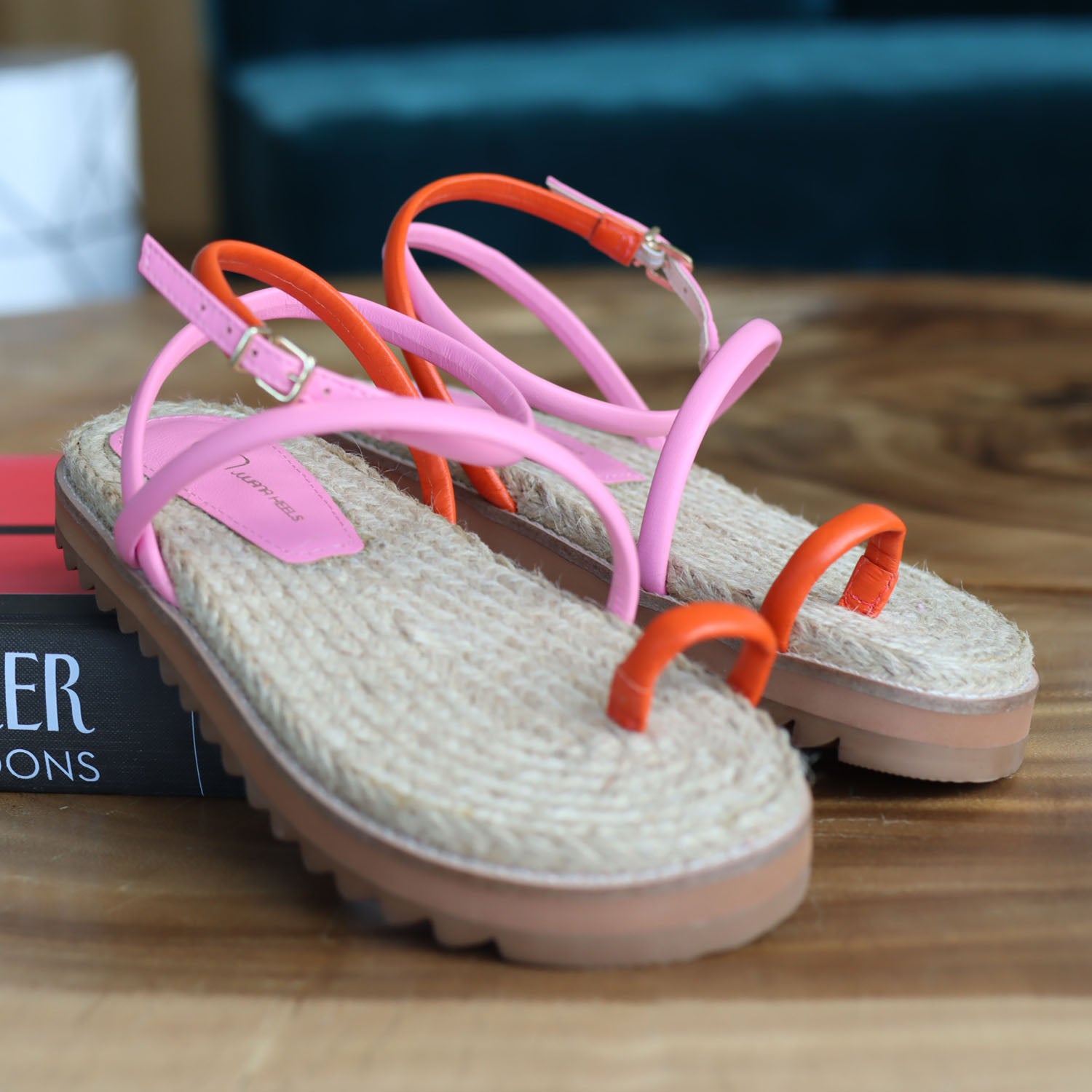 Penelope Straw sandal with pink and red straps - Juliana Heels