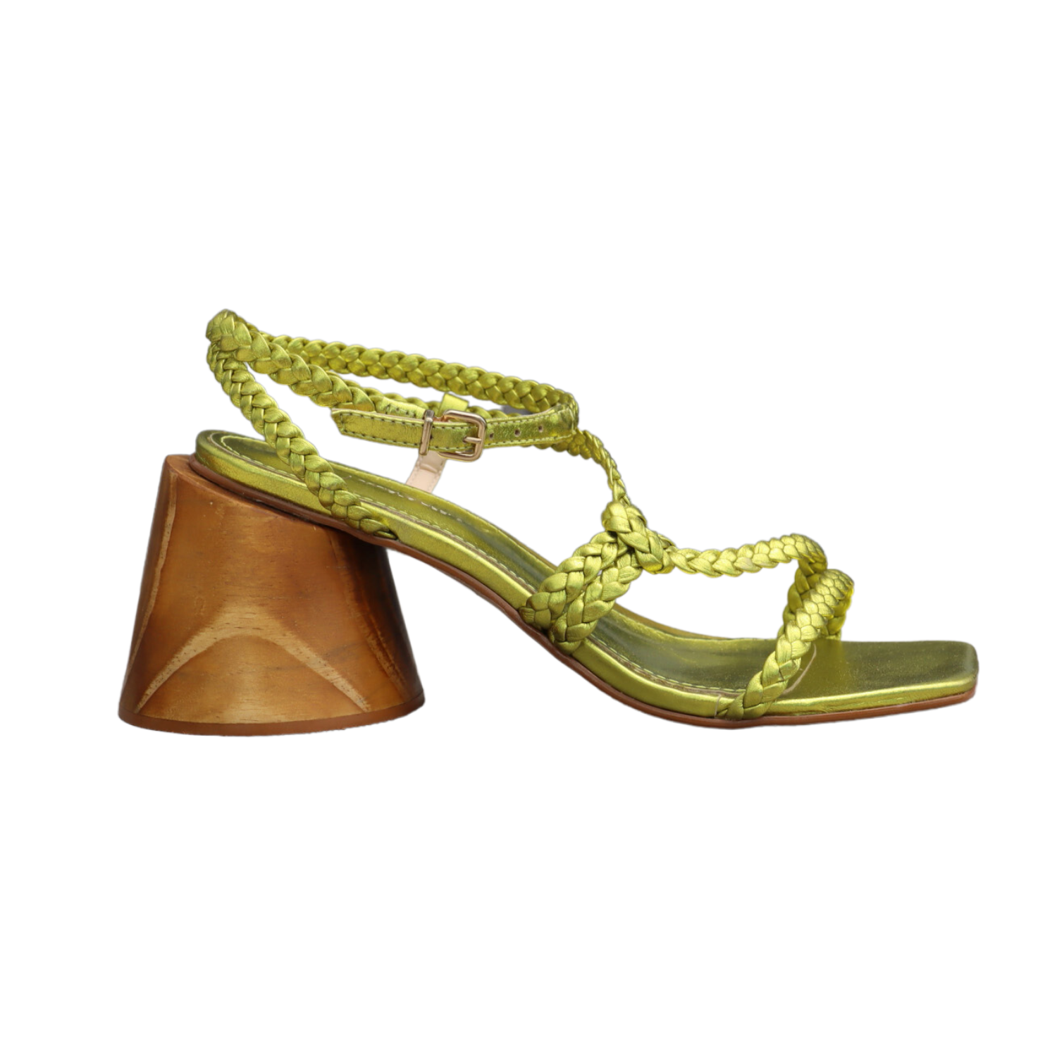 Felicity Metallic green sandal with braided straps and wooden sole.
- Juliana Heels
