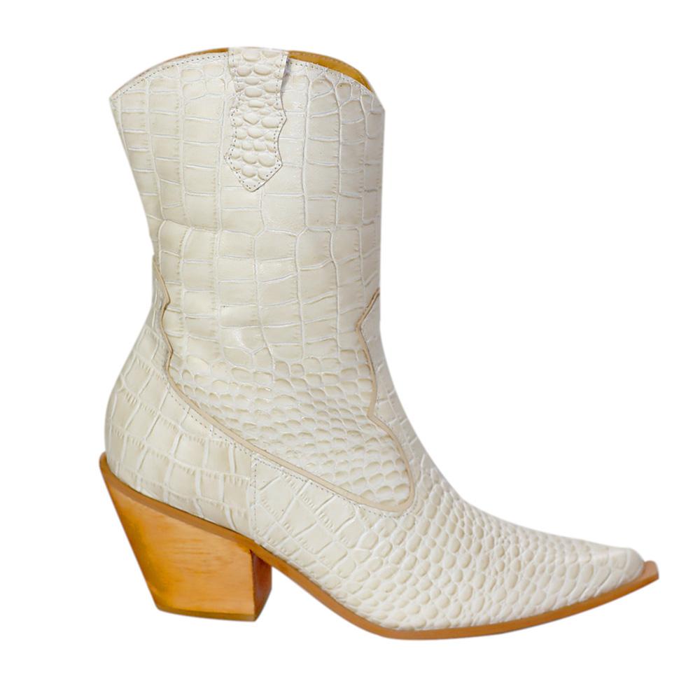 Lady - Western Mid-Calf Cowgirl Boots (Off-White Leather) - Juliana Heels