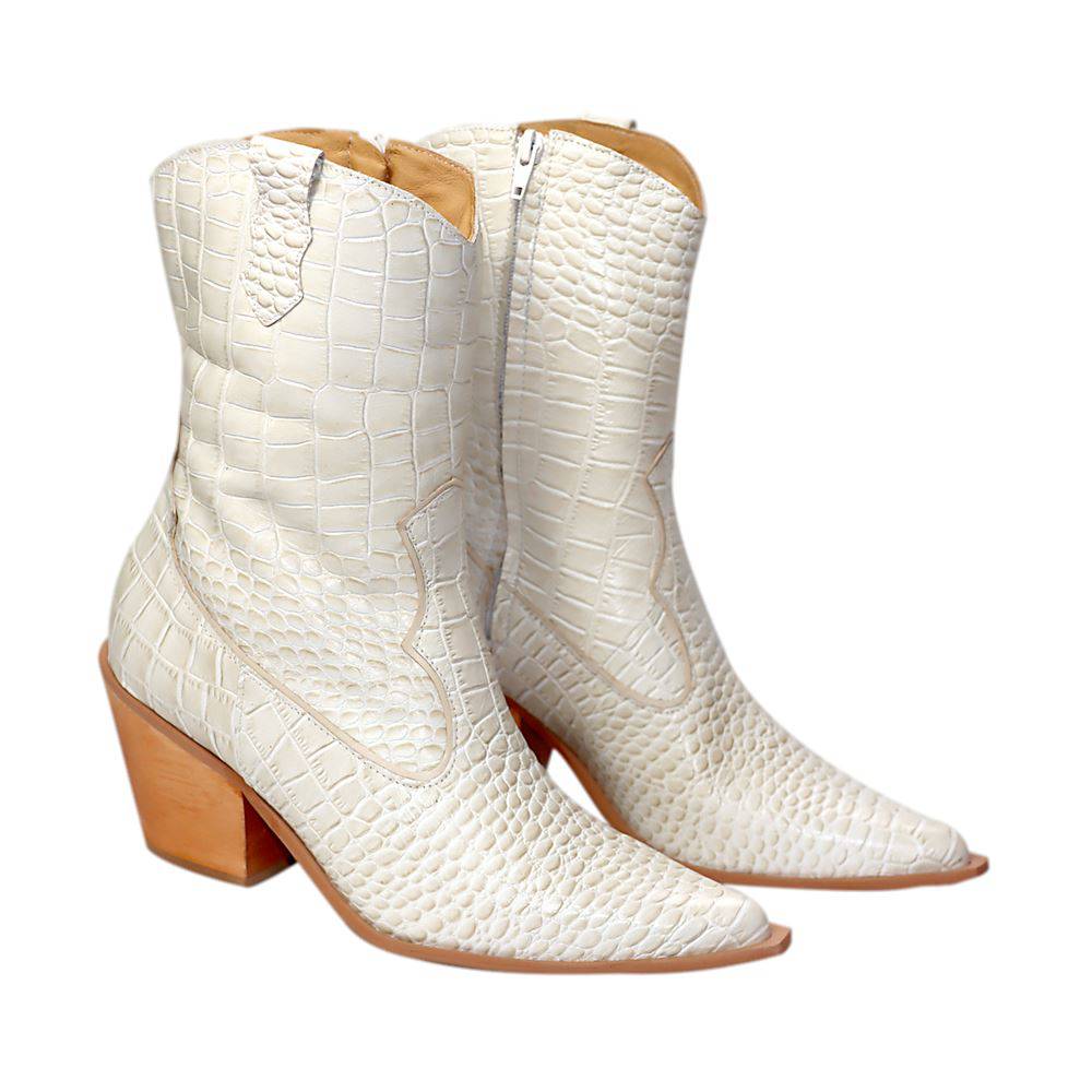 Lady - Western Mid-Calf Cowgirl Boots (Off-White Leather) - Juliana Heels