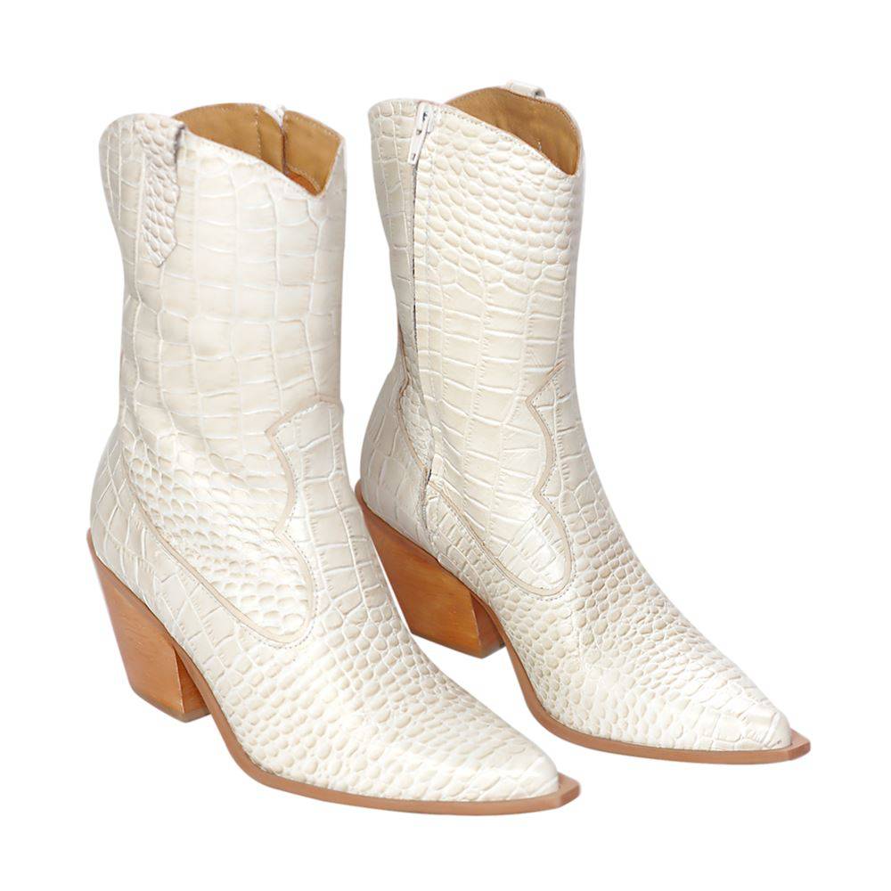 Lady - Western Mid-Calf Cowgirl Boots (Off-White Leather) - Juliana Heels