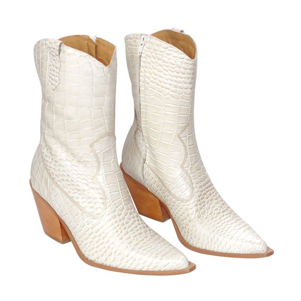 Lady - Western Mid-Calf Cowgirl Boots (Off-White Leather) - Juliana Heels 