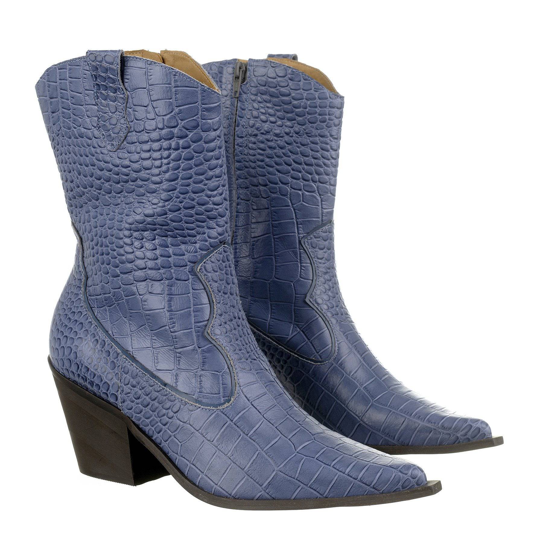Lady - Western Mid-Calf Cowgirl Boots (Blue Denim Shade) - Juliana Heels