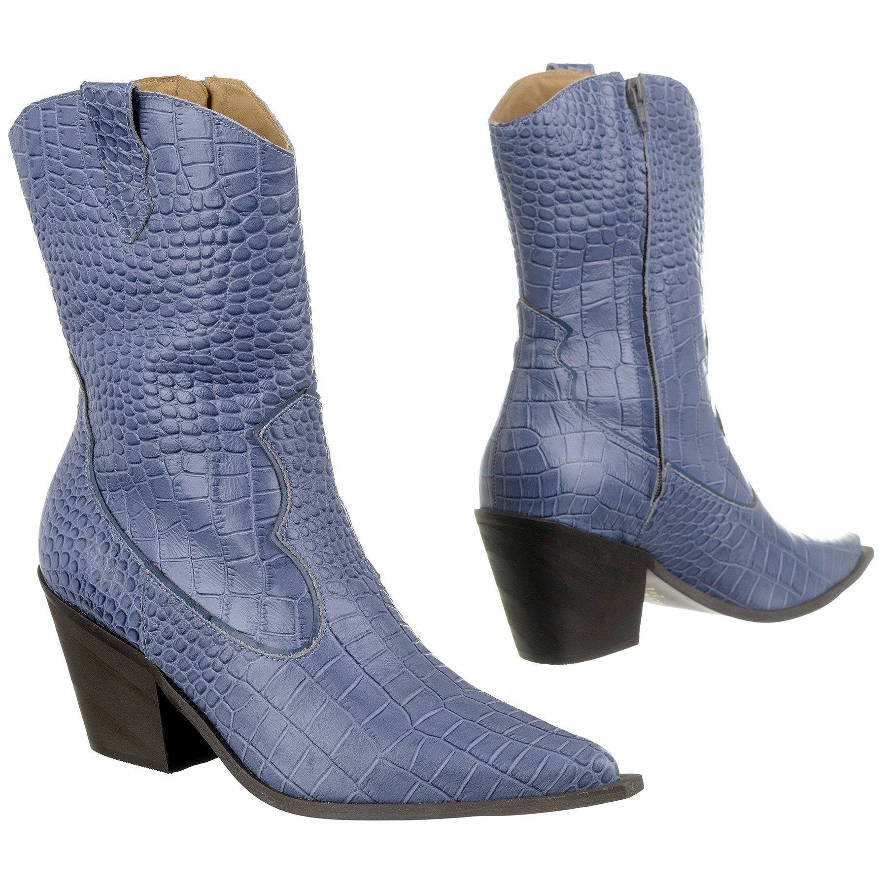 Lady - Western Mid-Calf Cowgirl Boots (Blue Denim Shade) - Juliana Heels