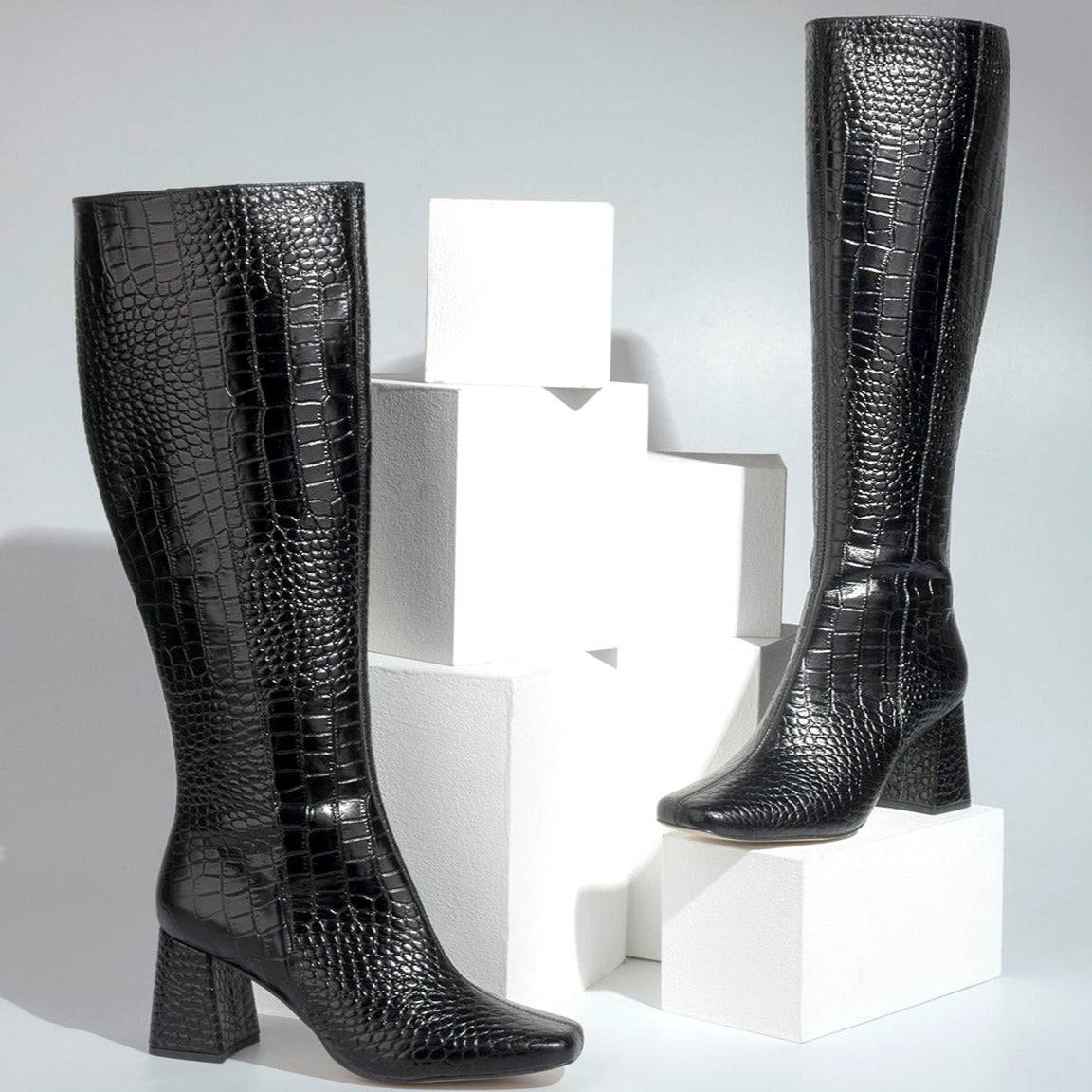 Lana - High Knee Black Boot - Juliana Heels