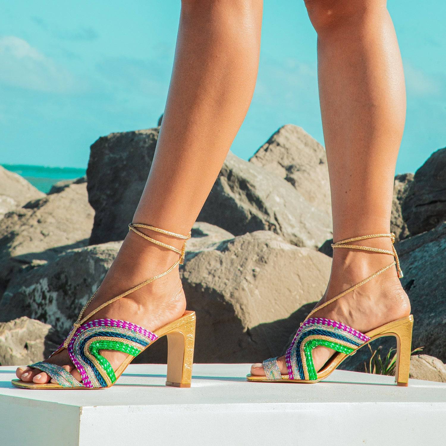 Aphrodite - Gold Metallic Block Heels Sandal - Juliana Heels