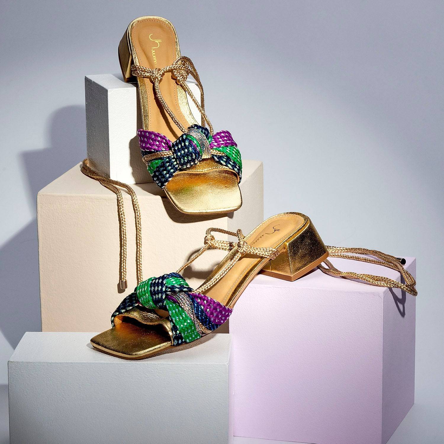 Hera - Gold Metallic Low-Block Heels Sandal - Juliana Heels