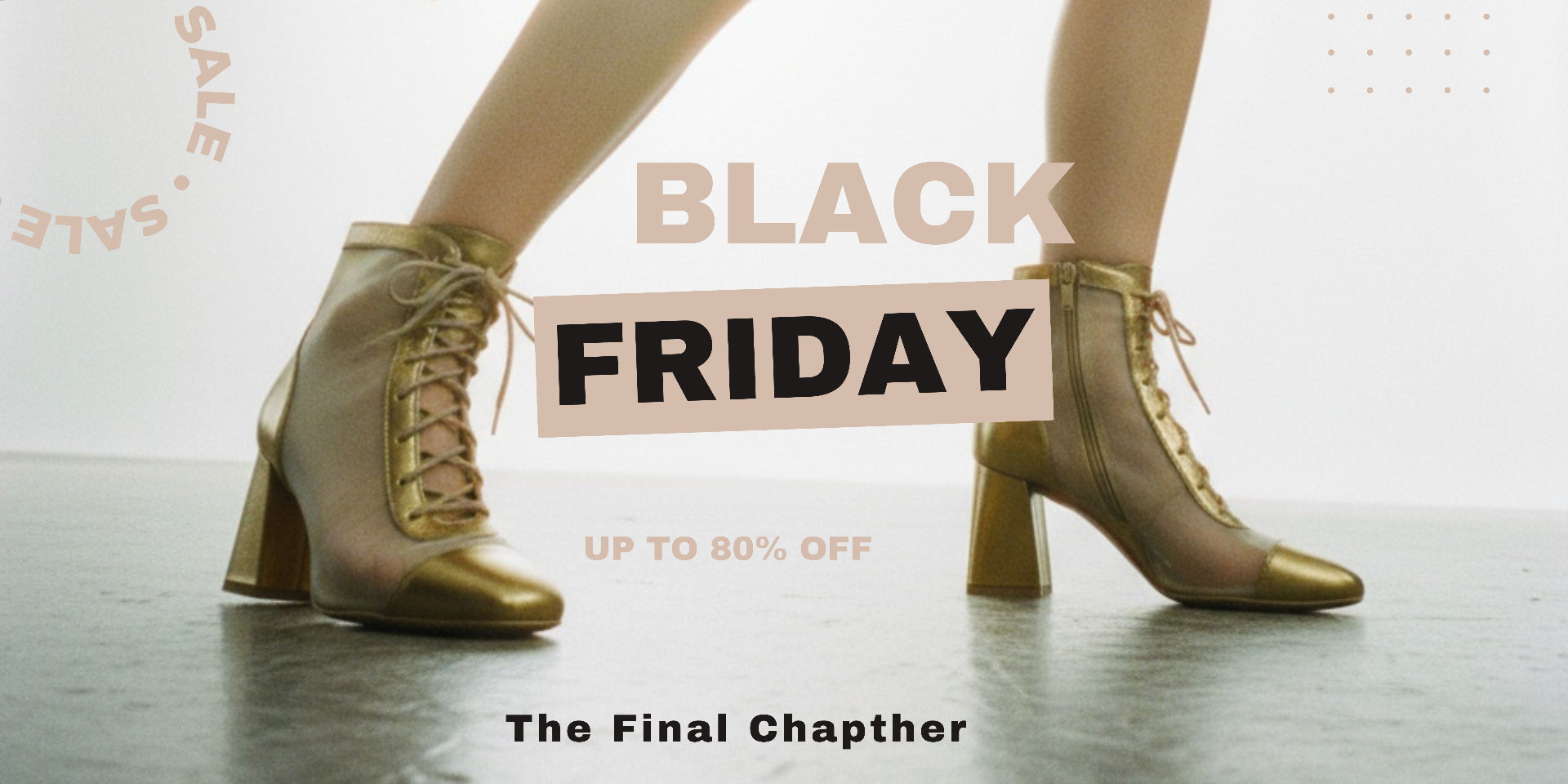 Gold high-heeled shoes with 'Black Friday' sale text on a white background