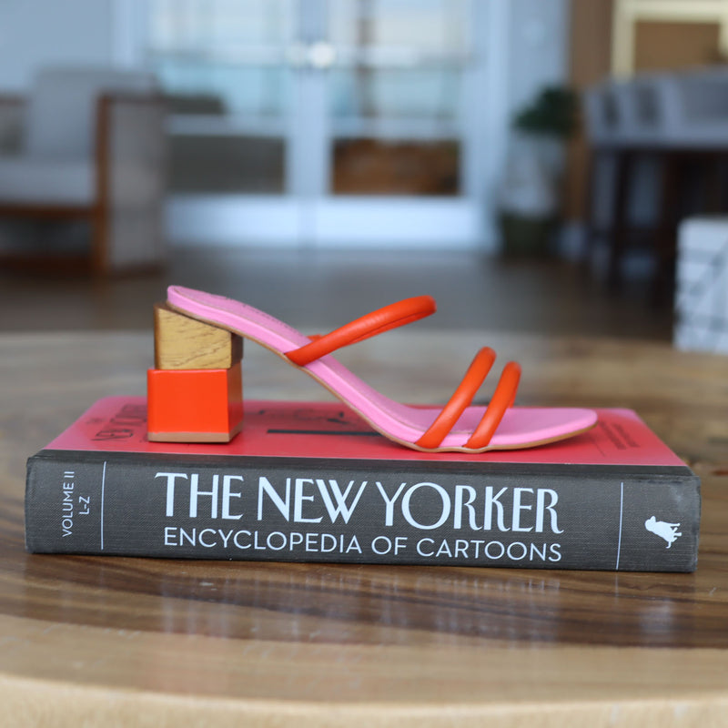 Olivia Modern mid-heel sandal in pink and orange with a geometric heel - Juliana Heels 