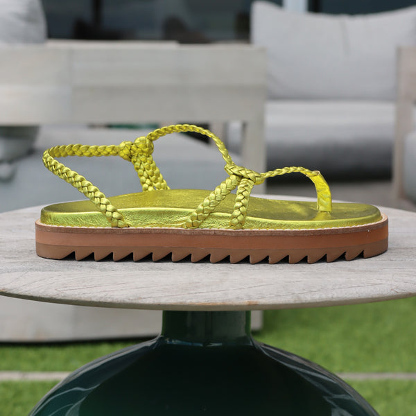 Aisha Green metallic braided straps flat sandal - Juliana Heels 