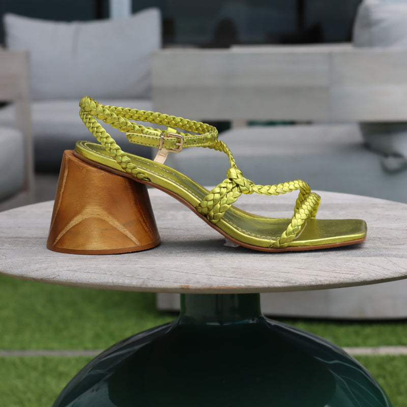 Felicity Metallic green sandal with braided straps and wooden sole.  - Juliana Heels 