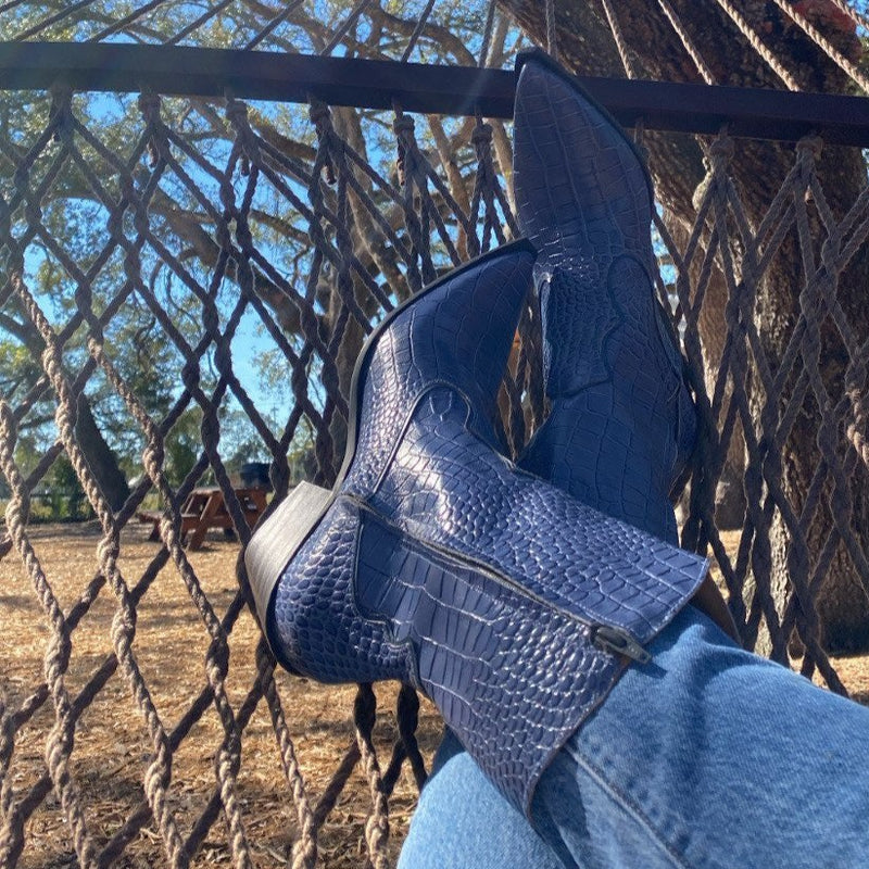 Lady - Western Mid-Calf Cowgirl Boots (Blue Denim Shade) - Juliana Heels 