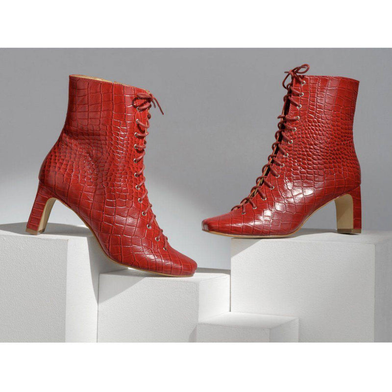 Robyn - Victorian Red Leather Ankle Boots - Juliana Heels 
