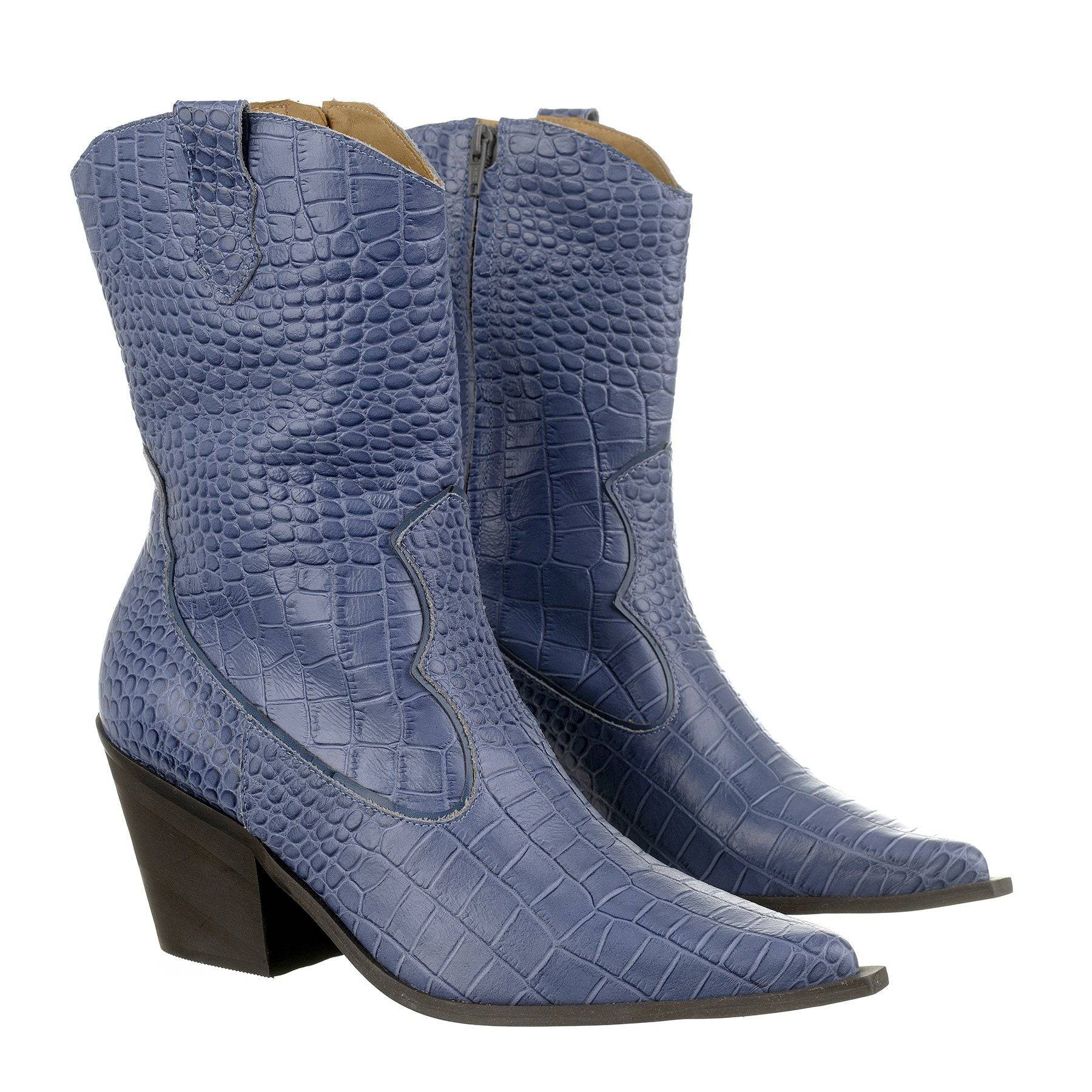 Lady - Western Mid-Calf Cowgirl Boots (Blue Denim Shade) - Juliana Heels 