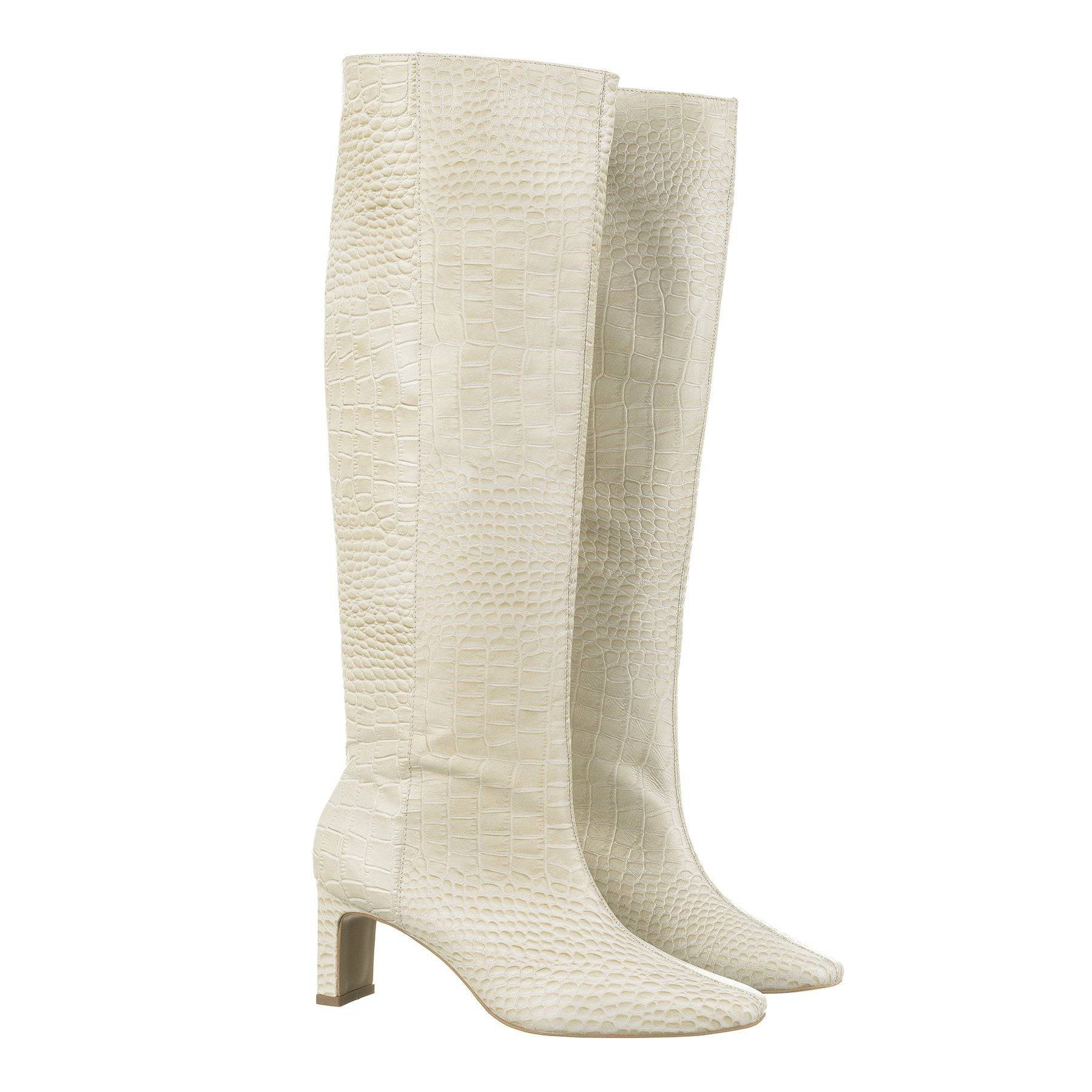 Meghan - Knee-High Leather Off-White Boots - Juliana Heels 