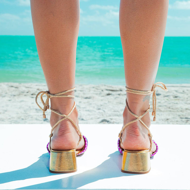 Hera - Gold Metallic Low-Block Heels Sandal - Juliana Heels 